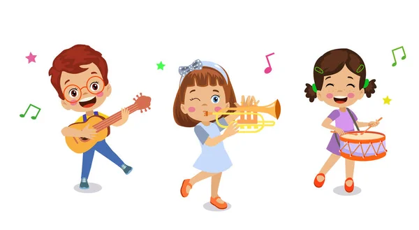 Enfants Heureux Jouant Des Instruments Chantant — Image vectorielle