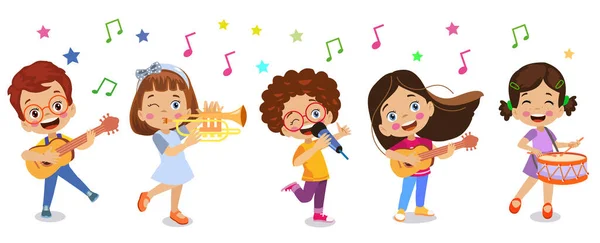 Niños Felices Tocando Instrumentos Cantando — Vector de stock