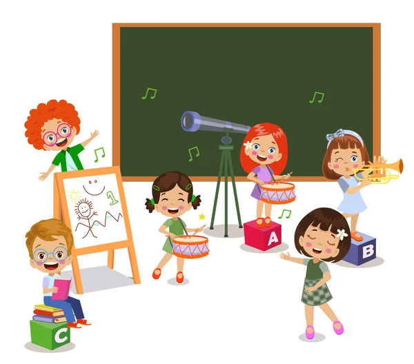 Enfants Heureux Jouant Des Instruments Chantant Classe — Image vectorielle