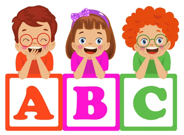 Buchstabenwürfel Und Niedliche Kinder — Stockvektor
