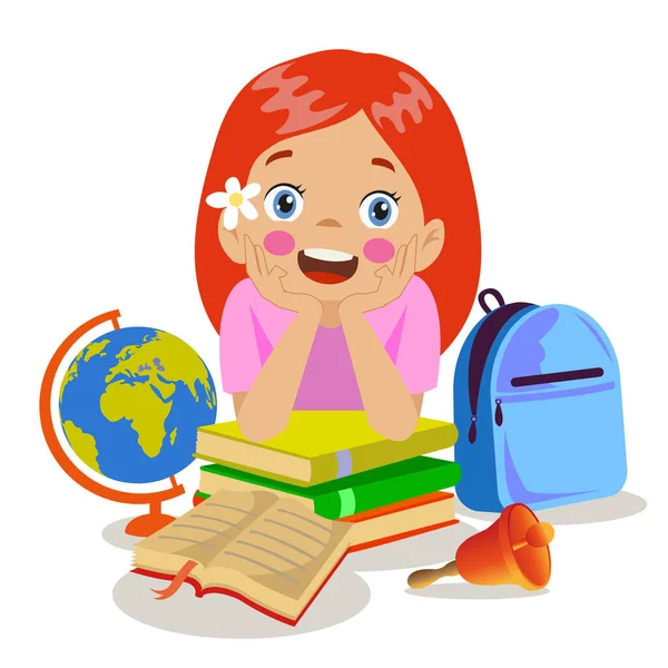 Cute Boy World Map Books School Bell — Stock Vector