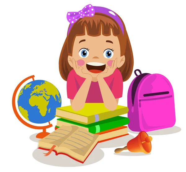Netter Junge Weltkarte Mit Büchern Und Schulglocke — Stockvektor