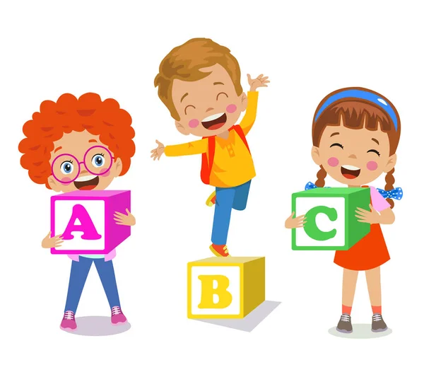 Buchstabenwürfel Und Niedliche Kinder — Stockvektor