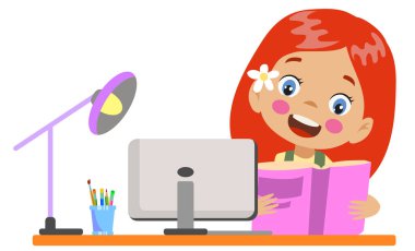 Bilgisayarda kitap okuyan tatlı bir kız.