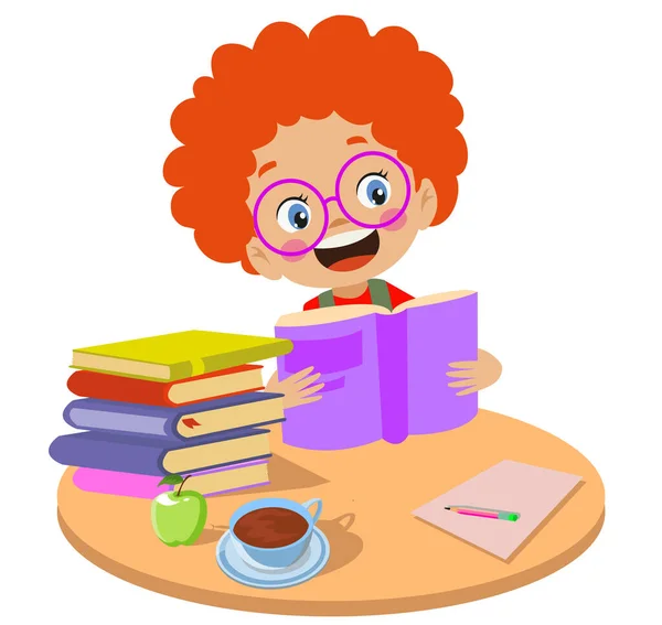 Schattig Kind Het Lezen Van Een Boek Aan Ronde Tafel — Stockvector