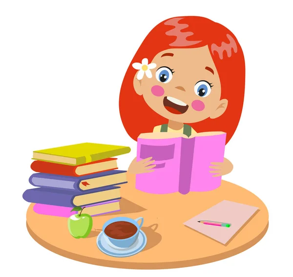 Yuvarlak Masada Kitap Okuyan Sevimli Bir Çocuk — Stok Vektör