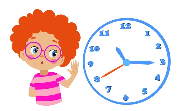 Stock vector cute happy kid holding clock