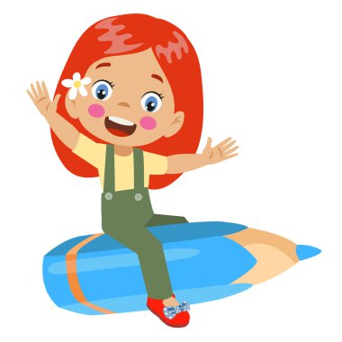 Kurşun kalemle uçan sevimli çocuk.