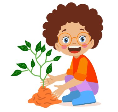 Şirin küçük mutlu çocuk fidan dikiyor.