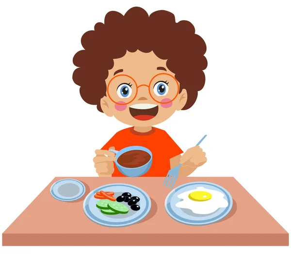 Söt Liten Pojke Äter Frukost — Stock vektor