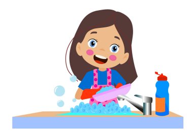 Güzel, mutlu çocuk bulaşık yıkıyor.