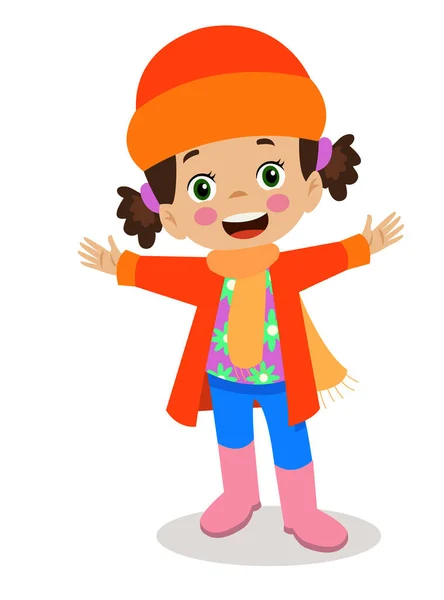 Χαριτωμένο Κορίτσι Χειμωνιάτικα Ρούχα Παλτό Και Καπέλο — Διανυσματικό Αρχείο