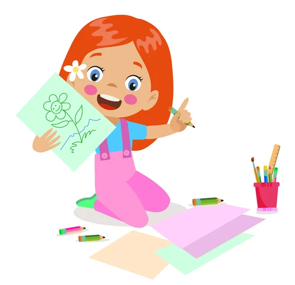 Cute Boy Painting Cutting Colorful Craft Papers — Stock Vector