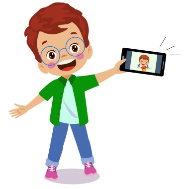 Video konferansı. Küçük şirin çocuk arkadaşıyla video görüşmesi için tablet kullanıyor. Çocuklar konuşmak için internet teknolojisini kullanarak mutlu bir şekilde gülümserler. Ekrandaki kız yüzü. Çağrı için vektör karikatür çizimi