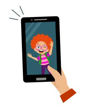 Video konferansı. Küçük şirin çocuk arkadaşıyla video görüşmesi için tablet kullanıyor. Çocuklar konuşmak için internet teknolojisini kullanarak mutlu bir şekilde gülümserler. Ekrandaki kız yüzü. Çağrı için vektör karikatür çizimi