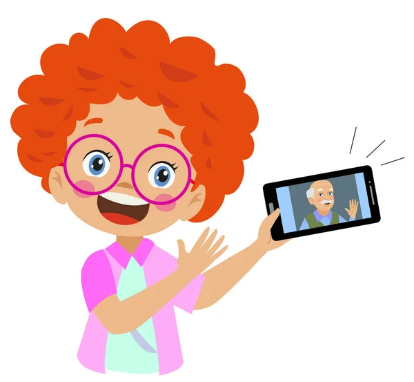 stock vector Video Conference. Cute little Kid using tablet for video call with friend. Children happy smile using internet technology for talking. girl face on screen. Vector cartoon illustration for call