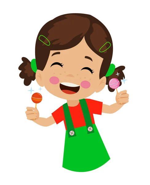 Lustige Mädchen Halten Lolipop Nettes Cartoon Kind Mit Süßen Bonbons — Stockvektor