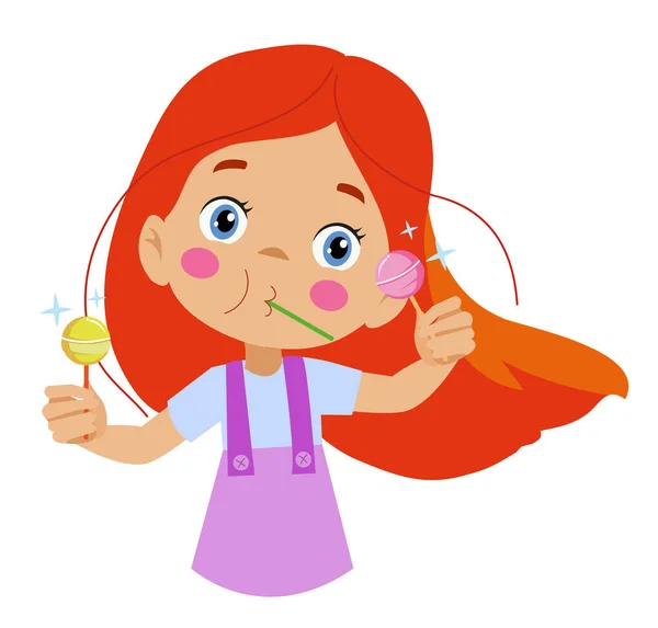 Chica Divertida Sosteniendo Lolipop Lindo Niño Dibujos Animados Con Dulces — Vector de stock