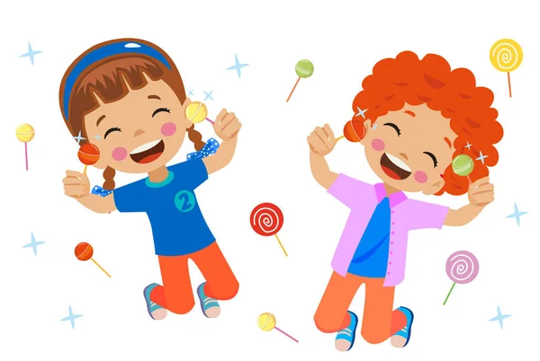 Zabawna Dziewczyna Gospodarstwa Lolipop Cute Kreskówki Dziecko Słodkimi Cukierkami — Wektor stockowy