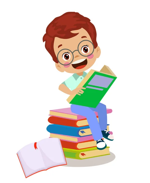 Yuvarlak Masada Kitap Okuyan Sevimli Bir Çocuk — Stok Vektör