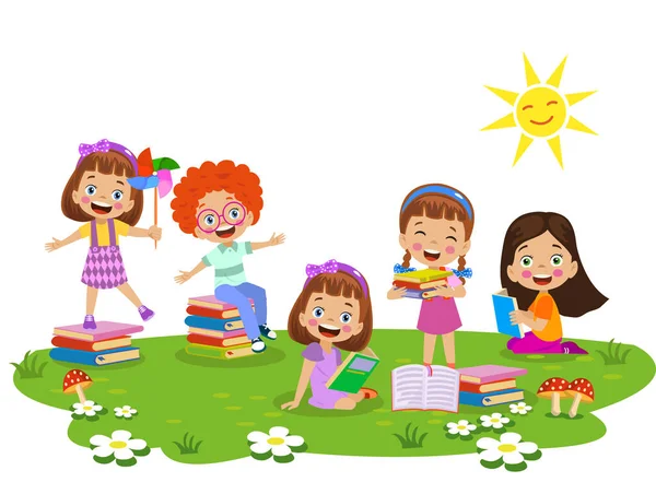 Děti Pracují Čtení Kniha Parku — Stockový vektor
