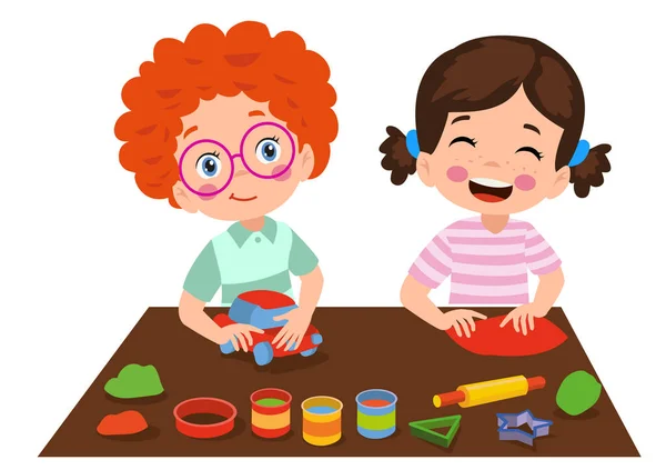 Małe Dzieci Przyjaciel Grać Zabawką Plastycyny Gliny — Wektor stockowy