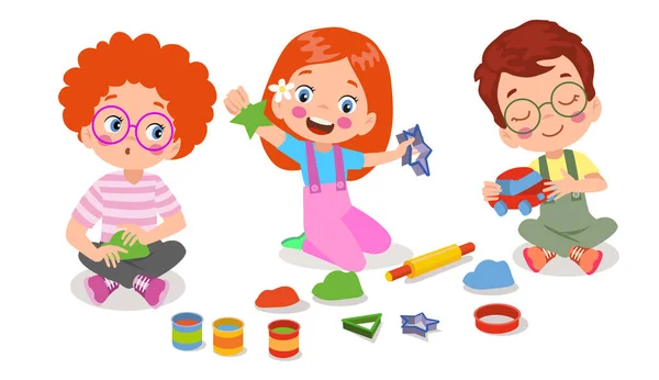 Petits Enfants Ami Jouer Avec Jouet Argile Plasticine — Image vectorielle