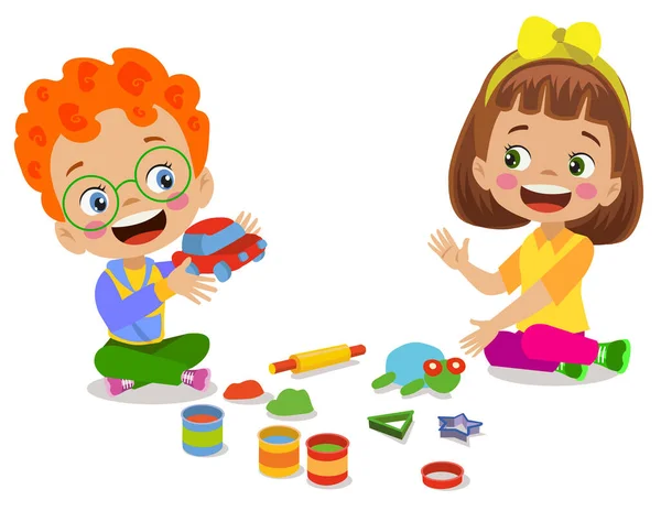 Маленькие Дети Друг Играть Игрушечной Глины Пластилин — стоковый вектор