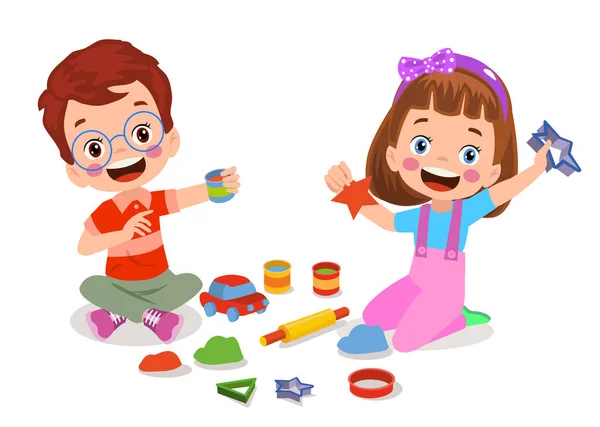 Petits Enfants Ami Jouer Avec Jouet Argile Plasticine — Image vectorielle