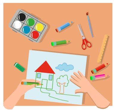 Bir dizi el yapımı el işi. Resim, origami, mum yapımı.