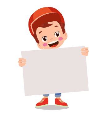 Elinde pankart tutan çocuklar. Boş afişi olan vektör oğlan ve kız, illüstrasyon karikatürü okul çocuğu ve yazı tahtası
