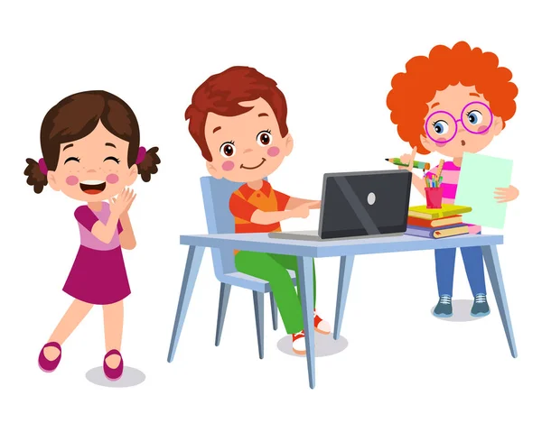 Ilustração Vetorial Crianças Com Computador Com Amigo — Vetor de Stock