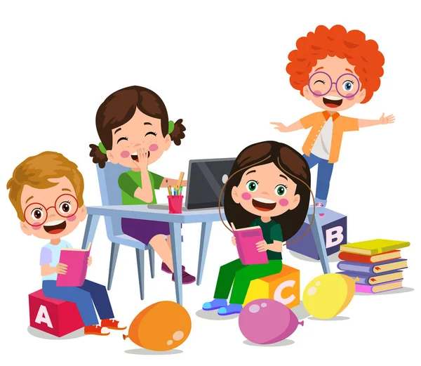Ilustração Vetorial Crianças Com Computador Com Amigo —  Vetores de Stock