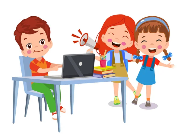 Illustrazione Vettoriale Dei Bambini Con Computer Con Amico — Vettoriale Stock