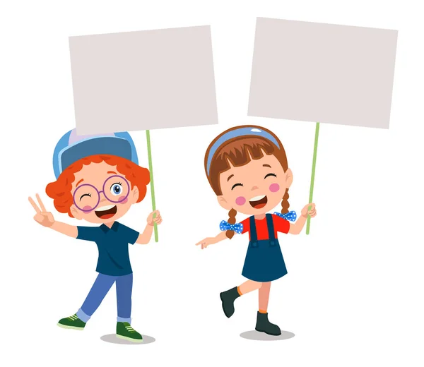 Kinder Mit Transparenten Vektorjunge Und Mädchen Mit Leerem Banner Illustration — Stockvektor