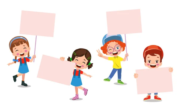 Kids Holding Banners Vector Boy Girl Empty Banner Illustration Cartoon — Stock Vector