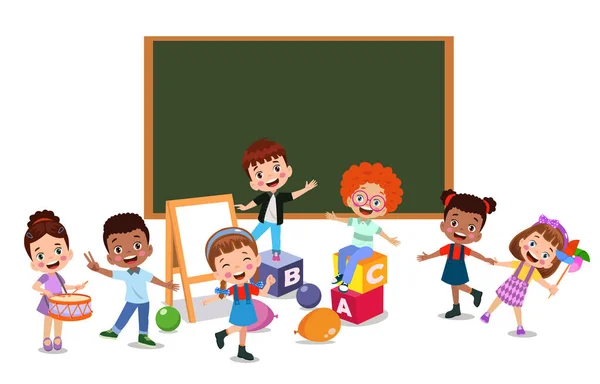 Zurück Zur Schule Klassenzimmer Und Süße Glückliche Schüler — Stockvektor