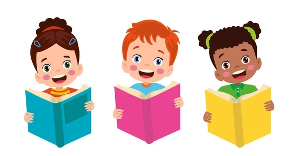 Conjunto Ícones Crianças Pequenas Lendo Livro — Vetor de Stock