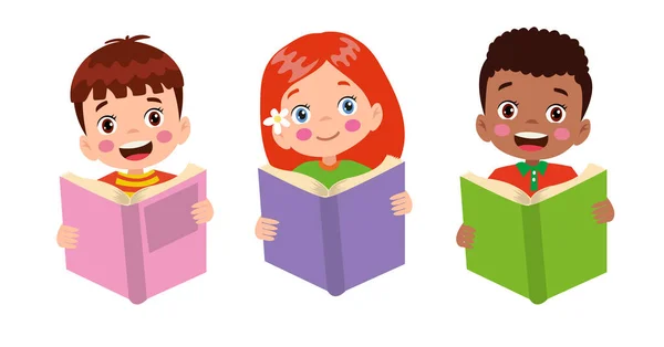 Set Icons Small Children Reading Book — Stock Vector