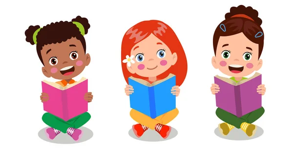 Conjunto Ícones Crianças Pequenas Lendo Livro —  Vetores de Stock