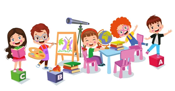 Karikatur Caharecter Happy Kid Studynig Und Lernen — Stockvektor
