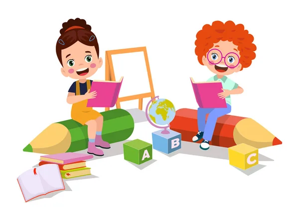 Καρτούν Caharecter Ευτυχισμένη Παιδί Studynig Και Μάθηση — Διανυσματικό Αρχείο