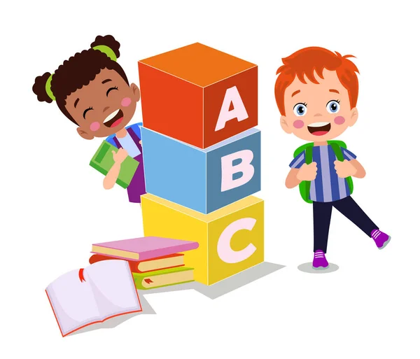 Vektorové Ilustrace Roztomilé Děti Bloky Abc Abc Dopisy — Stockový vektor
