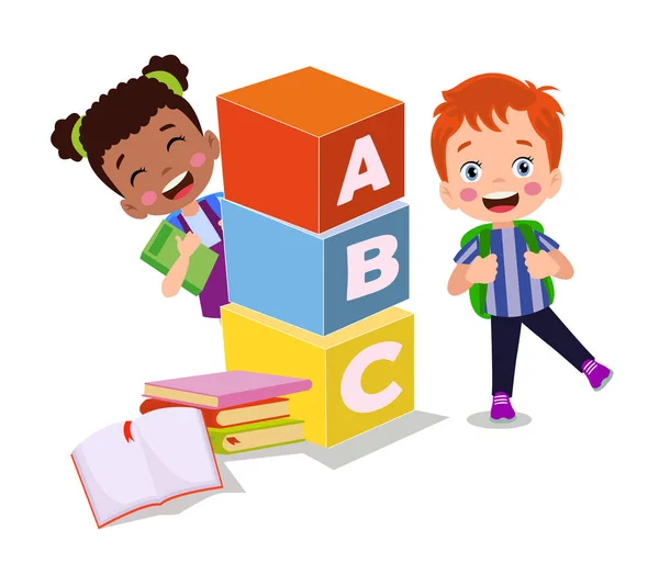 Vektor Illustration Von Niedlichen Kindern Mit Abc Blöcken Abc Buchstaben — Stockvektor