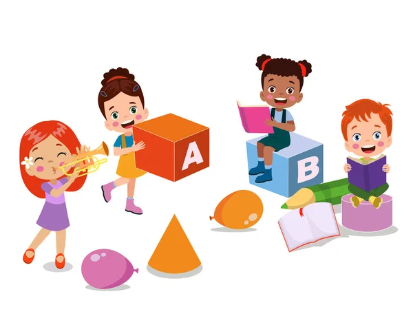 Vektor Illustration Von Niedlichen Kindern Mit Abc Blöcken Abc Buchstaben — Stockvektor