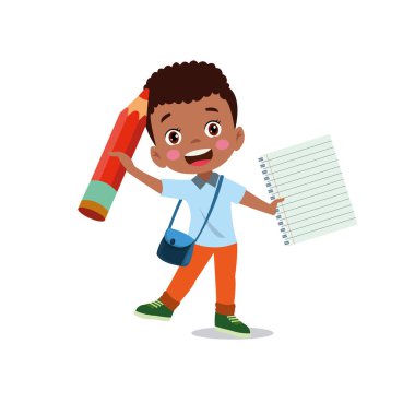 Okul malzemelerini elinde tutan küçük tatlı kız.