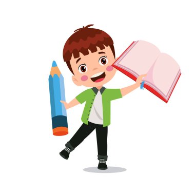 Okul malzemelerini elinde tutan küçük tatlı kız.