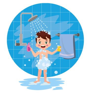 Küçük çocuk duş al ve vücudunu yıka.