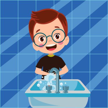 Küçük tatlı çocuk lavaboda elini yıkıyor.