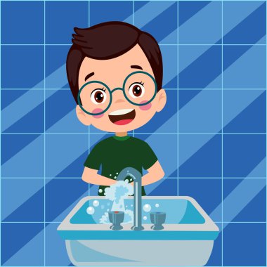 Küçük tatlı çocuk lavaboda elini yıkıyor.